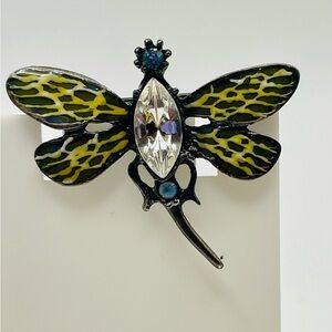 Vintage Enamel and Rhinestone Dragonfly Brooch Pin. Yellow and Black. Insect